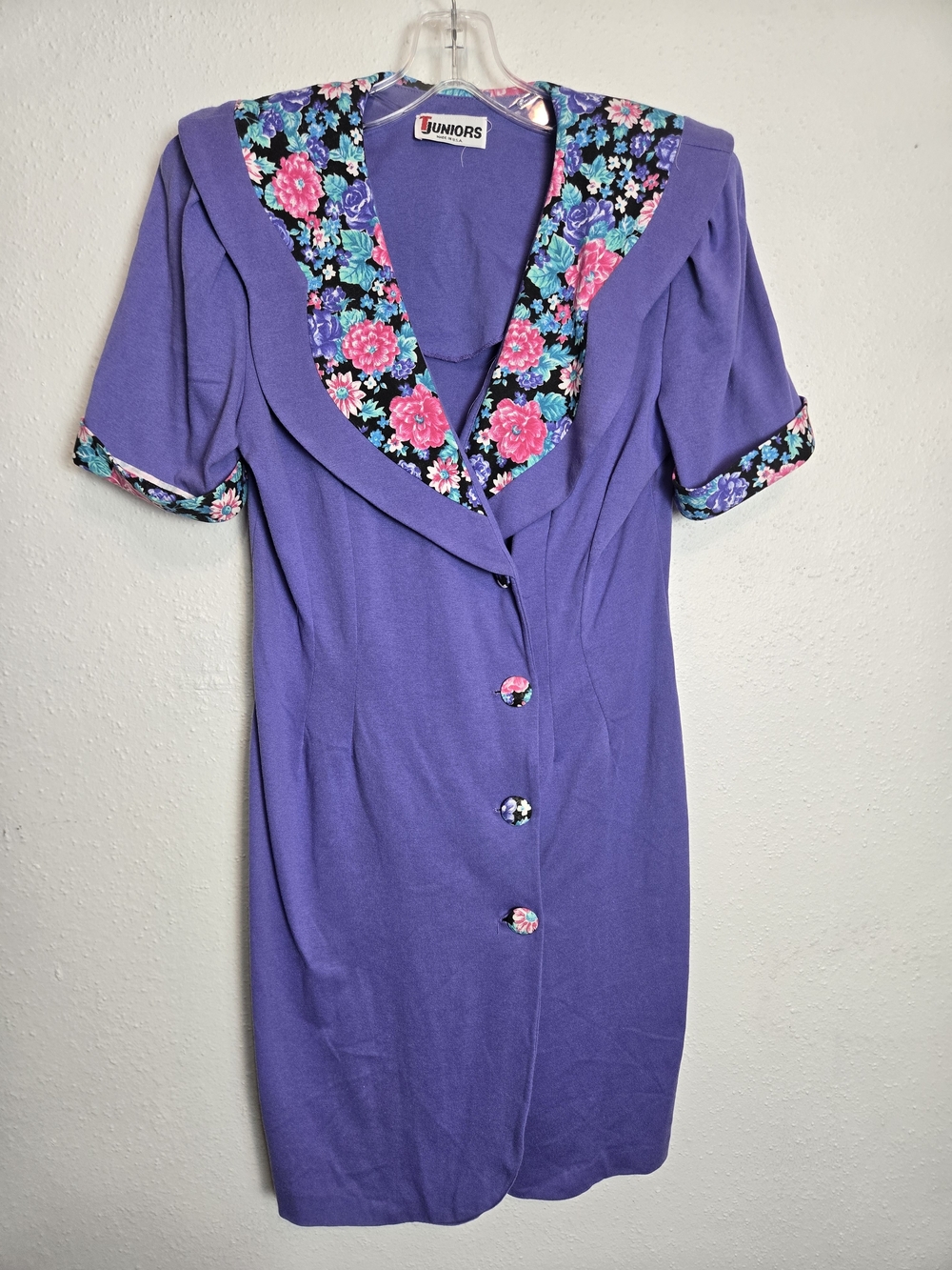 Juniors Purple Button-Front Dress with Floral Trim Vintage 90s